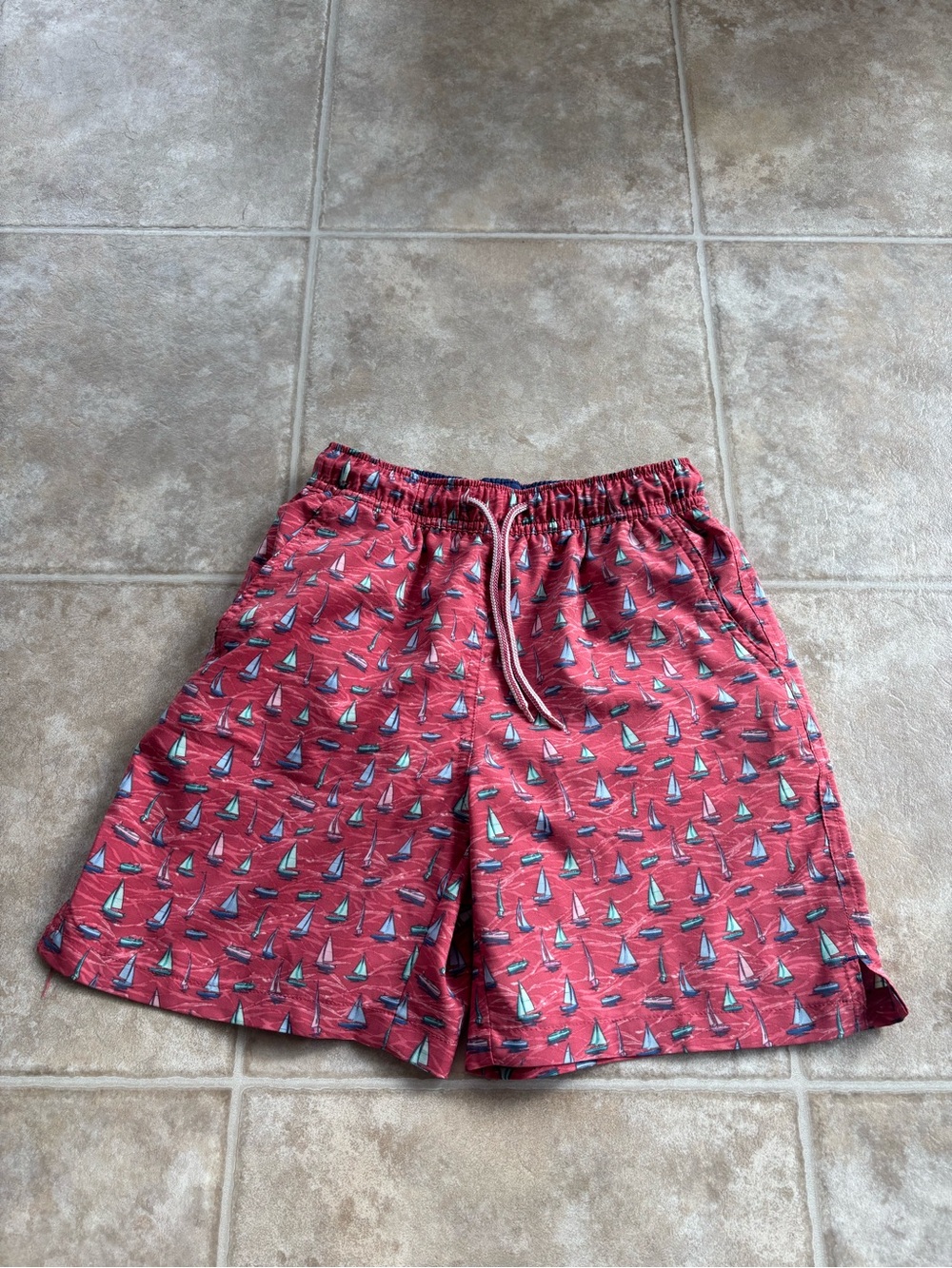 Peter Millar Red Kids Swim Trunks with Sailboat Print
